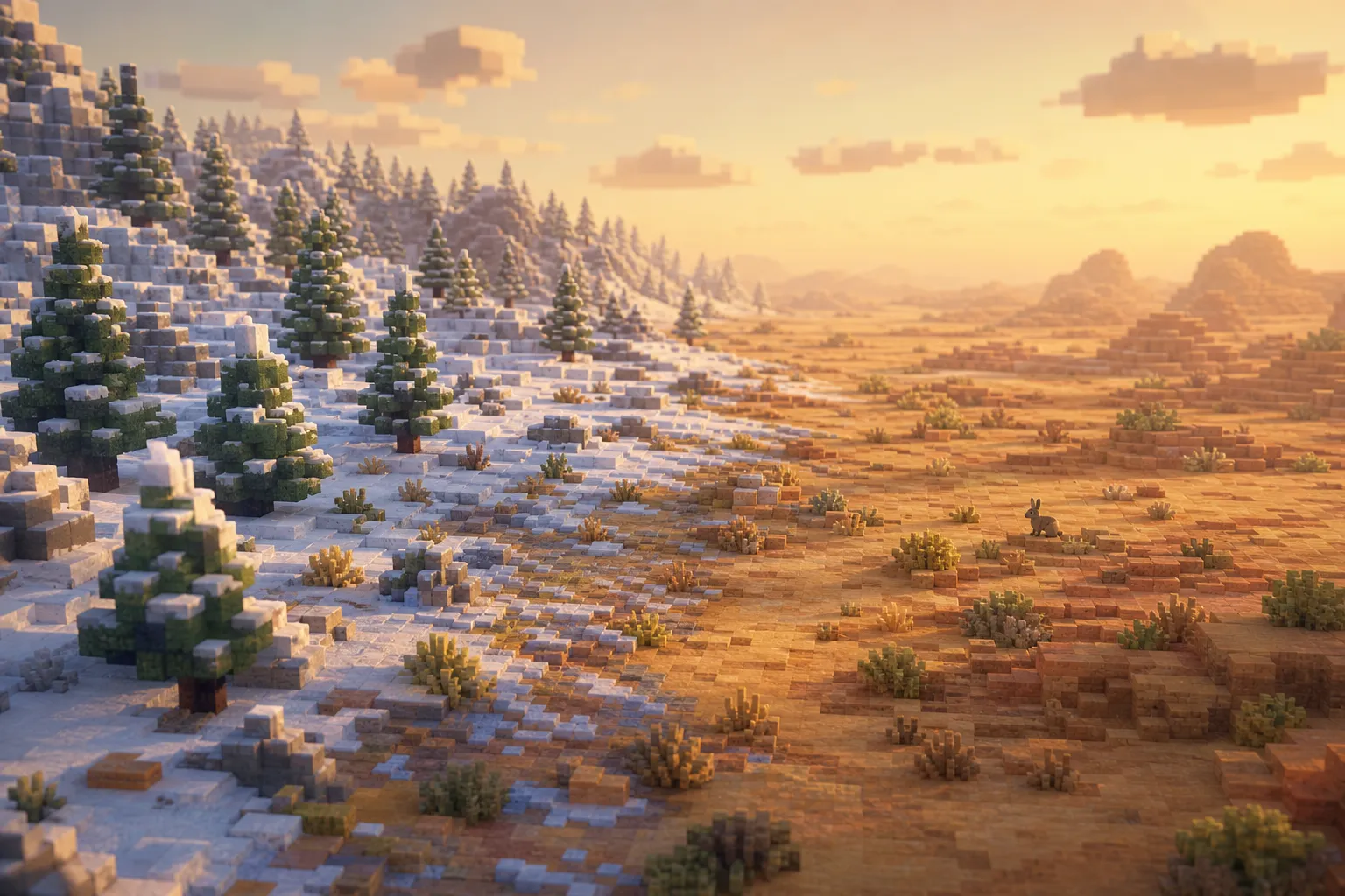 A voxel landscape at golden hour where snowy pine ridges give way to warm dunes across a very short stretch of ground.