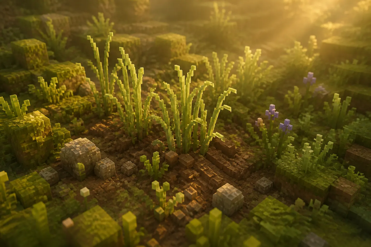 A small patch of voxel meadow at golden hour seen from just above, a few grass plants rooted in soft soil with the world fading to warm haze at its edges.