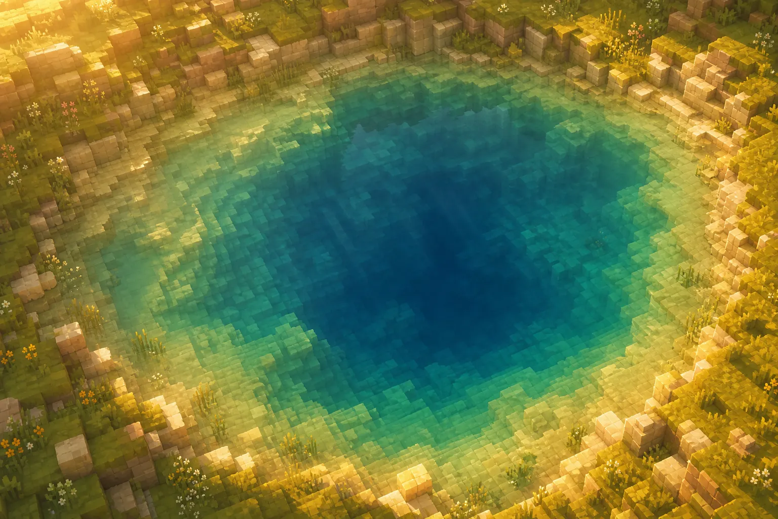 An aerial view of a still voxel lake at golden hour whose water shades from pale gold-green in the shallows to deep blue at its centre, so its depth reads at a glance.