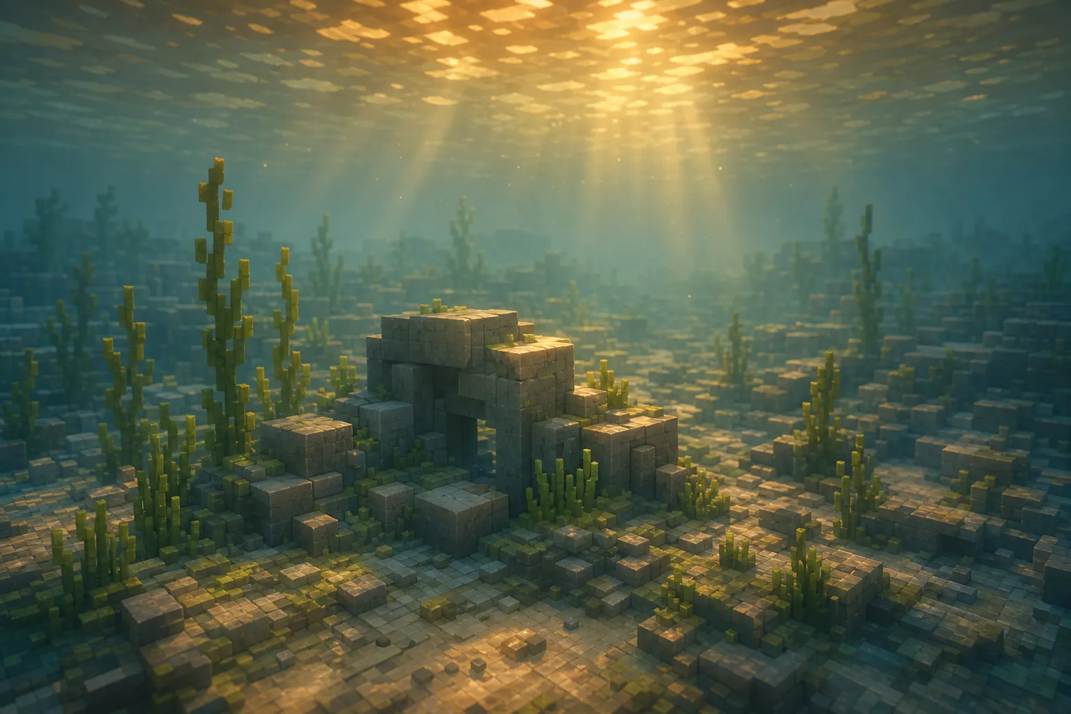 A view from beneath a voxel lake's surface: cool dimmed light, a soft blue-green fog fading the far floor, and the golden underside of the water surface overhead.