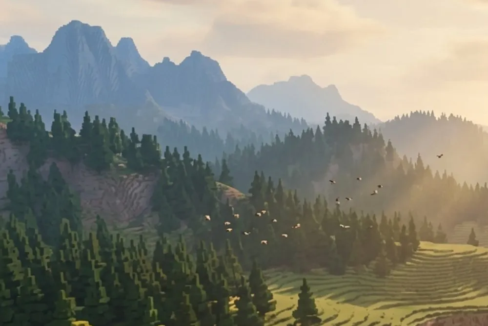 Misty voxel mountains with birds in flight at first light
