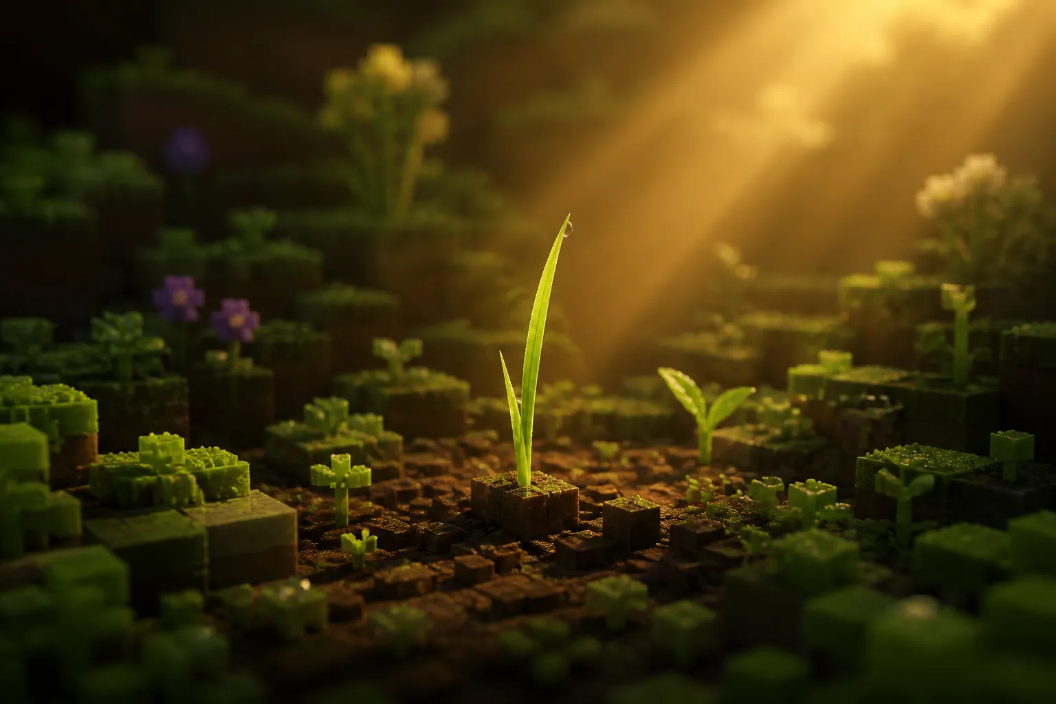 A single young blade of grass lit by a soft warm shaft of golden light, fresh green against dark damp soil, with a smaller sprout beside it.