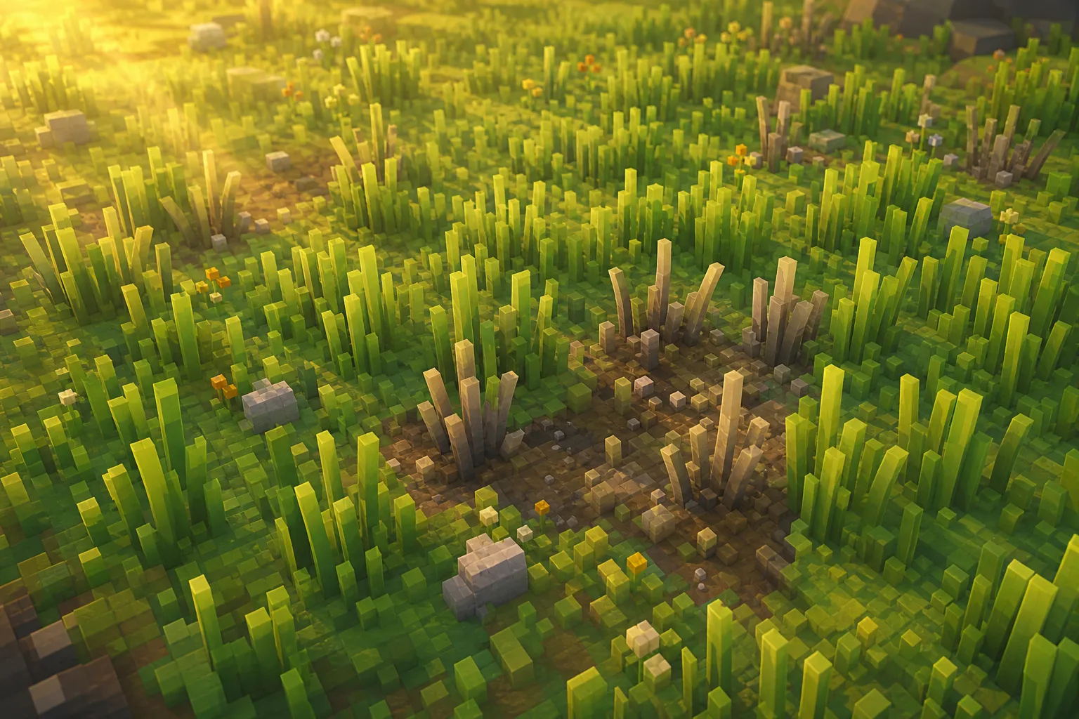 An aerial view of a golden-hour voxel meadow of mostly green grass, with a scattered few blades dulled to muted brown and grey as they decompose and settle into litter on the ground.