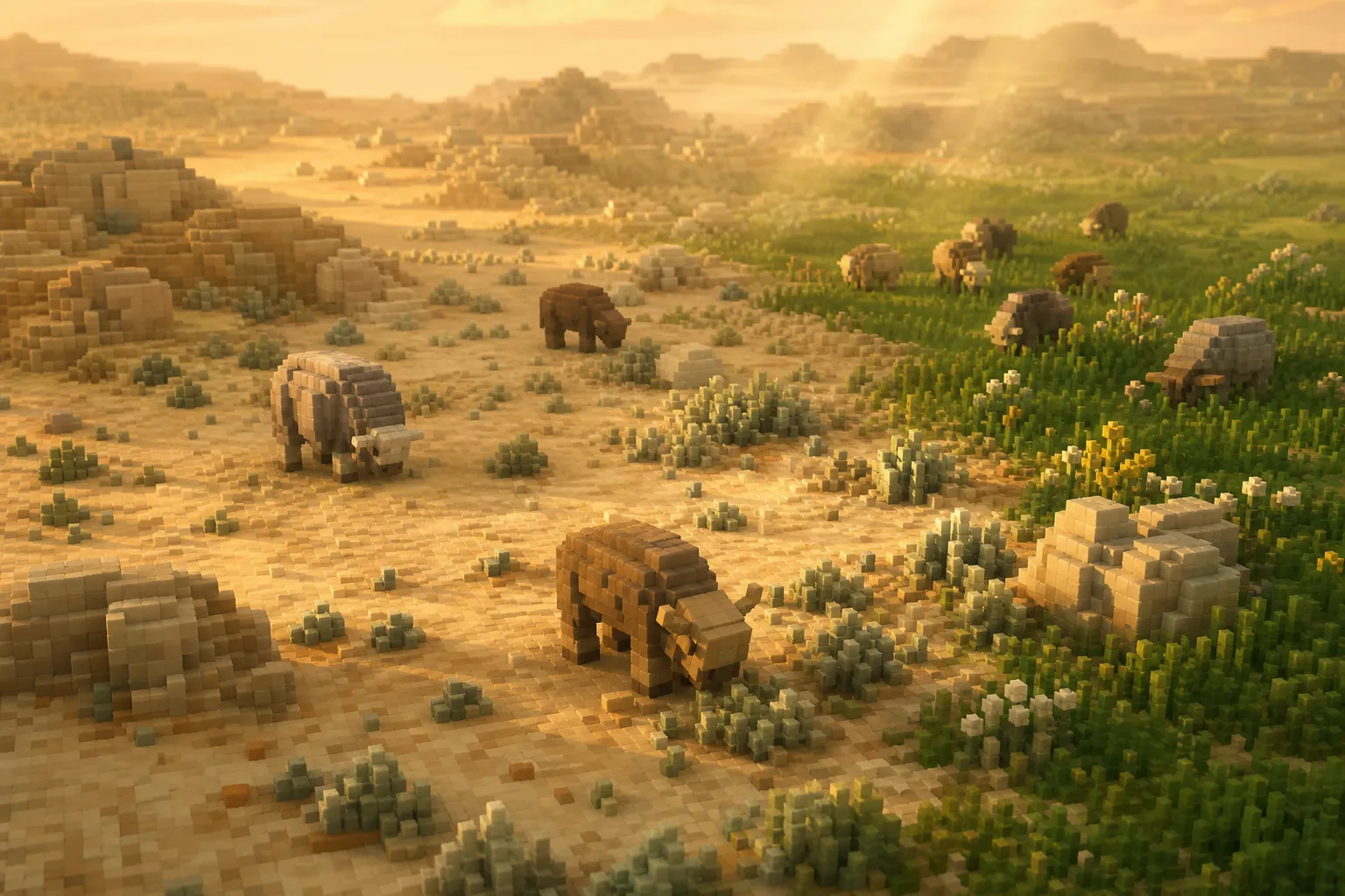 A pale stony dryland at golden hour with sparse scrub and a few scattered grazing animals, growing more numerous toward a green grassy band along one edge.