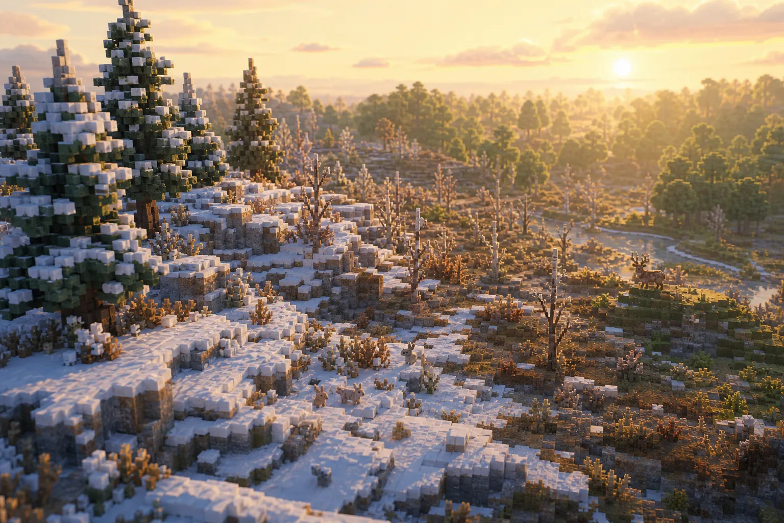 A winter landscape at golden hour running from snowy pine ridges through bare woodland to warm green land in the distance.