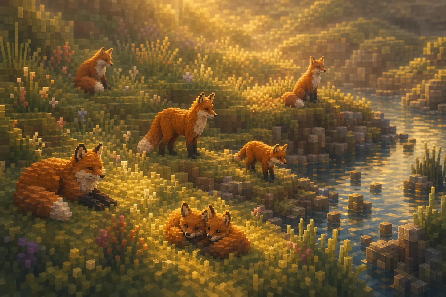 A golden-hour voxel meadow seen from above, with a scattered family of foxes of different ages spread across soft hills and a riverbank, each lit by warm low light.