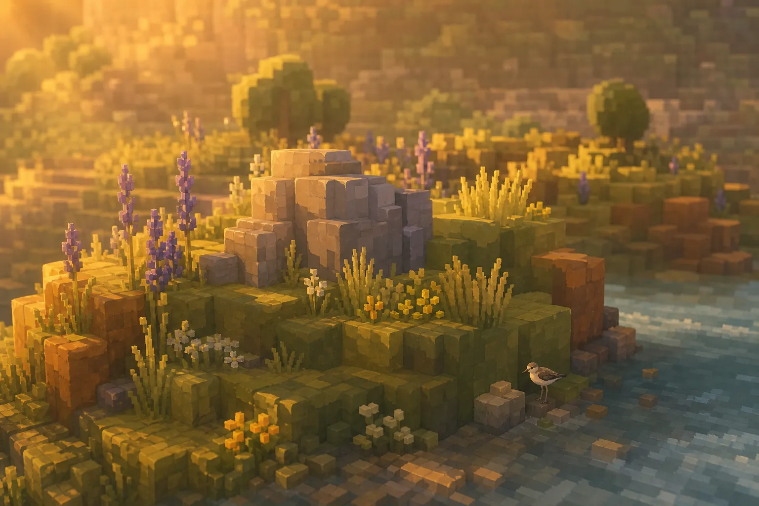 A close view of softly painted voxel ground at golden hour: low-contrast blocks of muted green, ochre, and dusty blue across rolling terrain, with warm directional light grazing the surface.