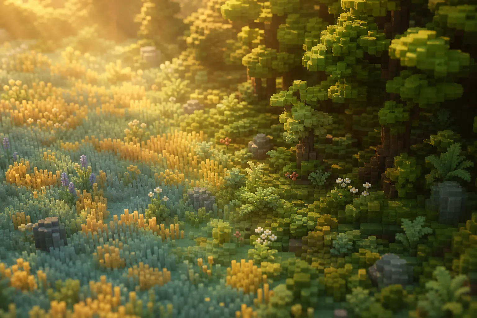 An open meadow of golden-green grass and wildflowers meeting a stand of leafy forest trees along a soft seam at golden hour, each side a distinctly different ground colour.