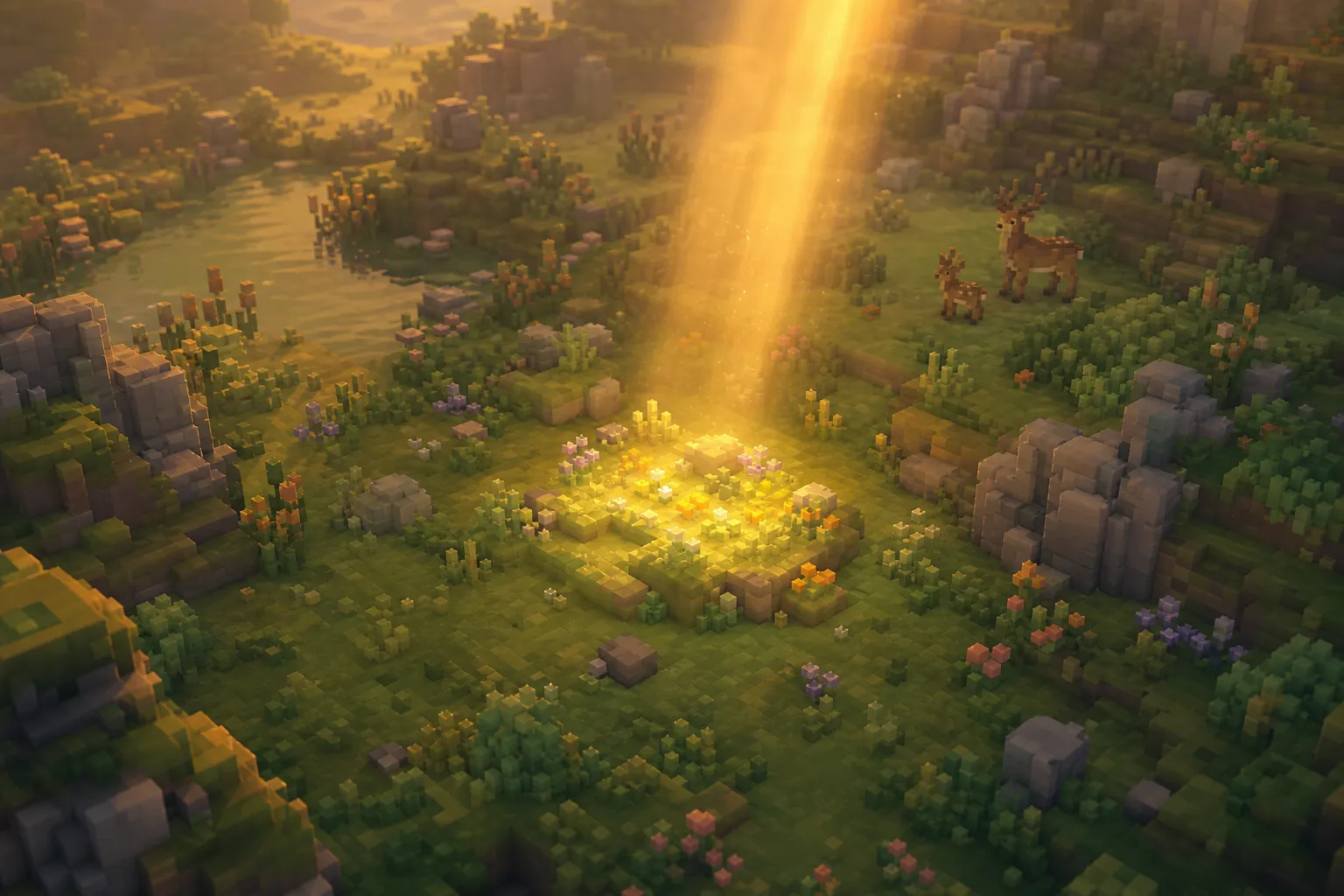 A golden-hour voxel valley seen from above, with one small patch of ground lit by a soft warm shaft of light while the rest of the wild land rests in calm haze.
