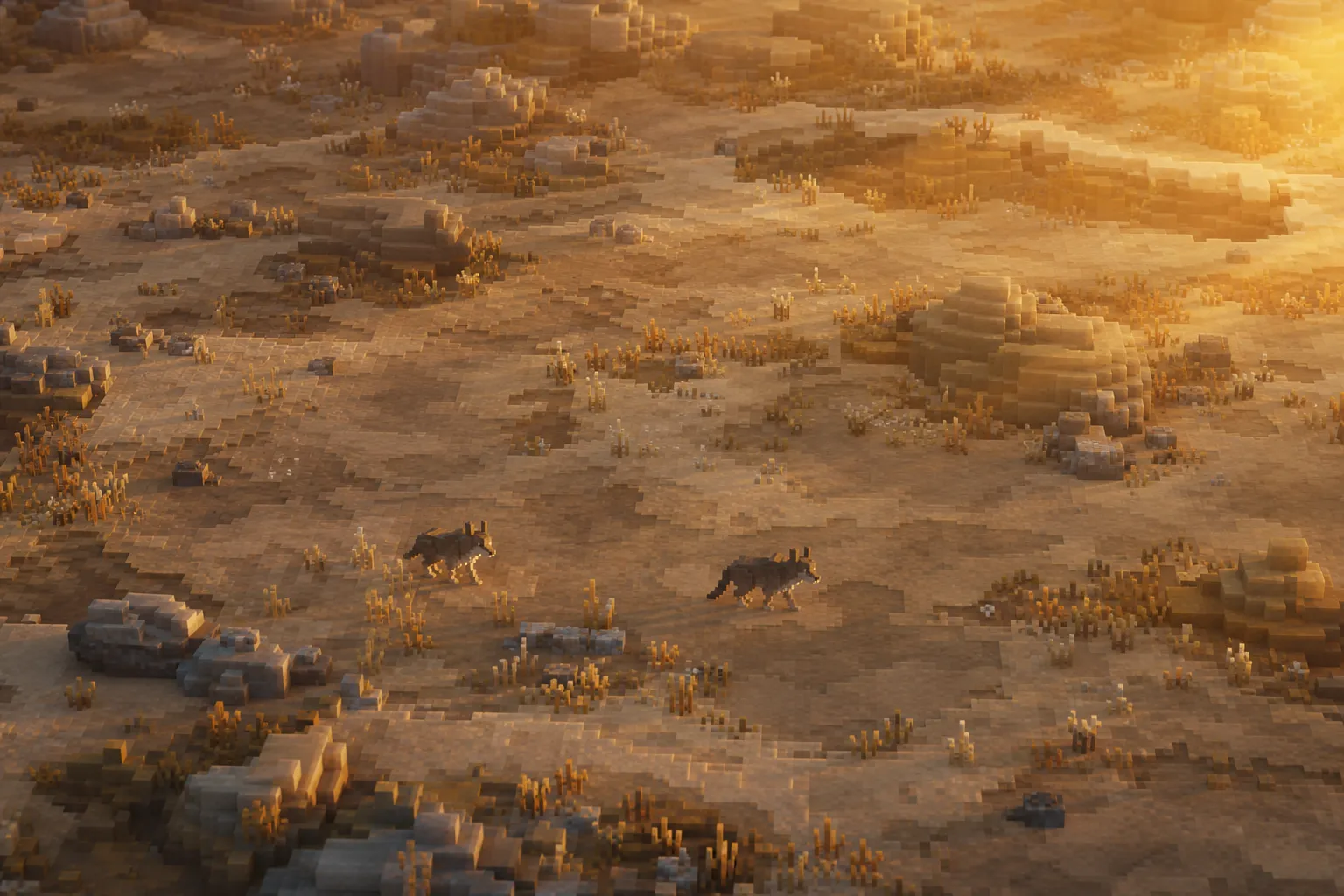 Aerial golden-hour view of a near-barren voxel steppe with bare ground and sparse forage, where a couple of small lone predators move across land empty of any prey.