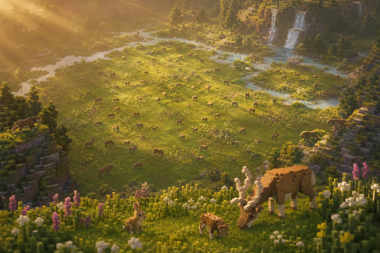 Aerial golden-hour view of a voxel meadow with many small grazing animals across it and a few scarce predators moving among them at the edges, all coexisting.