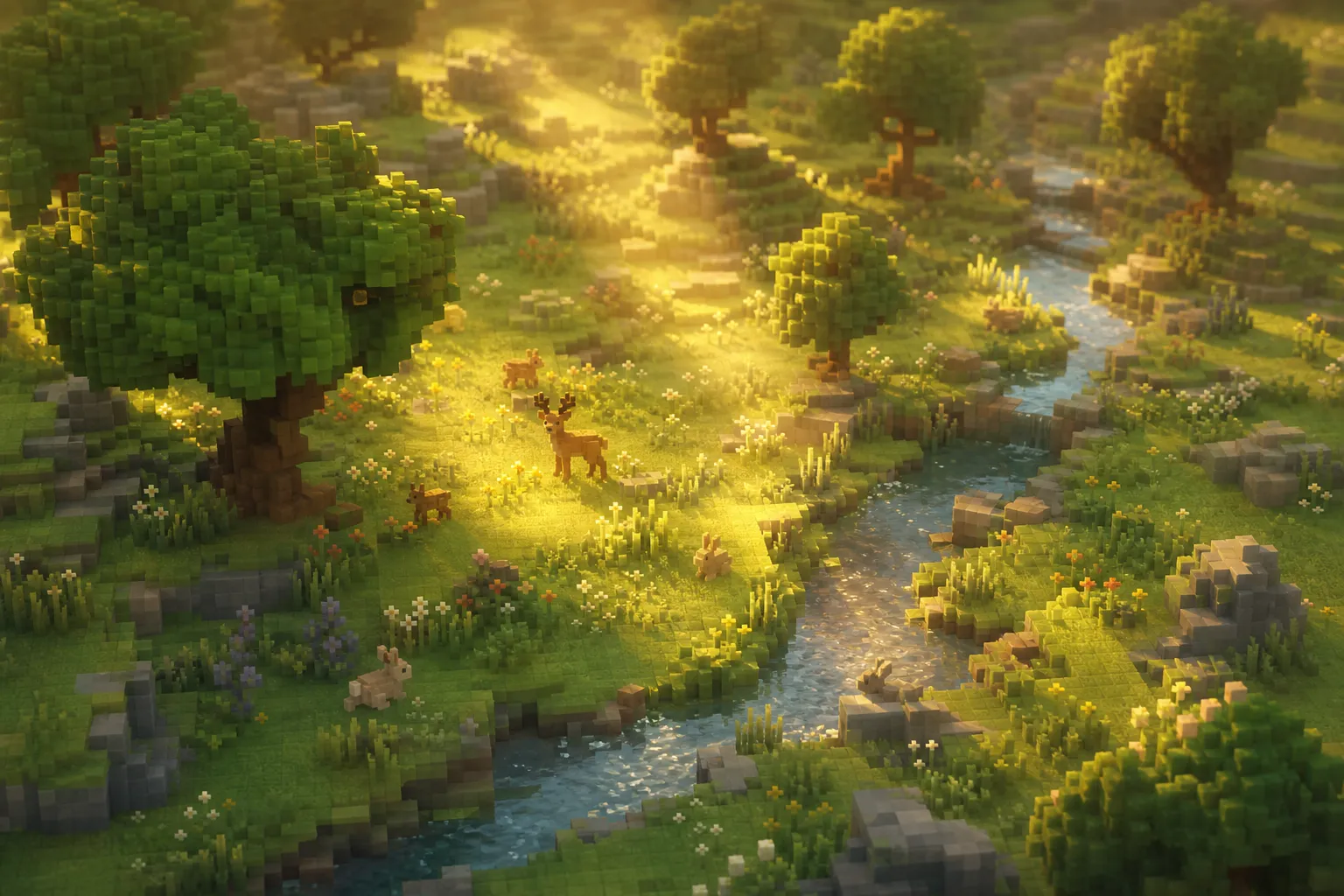 An aerial golden-hour view of a small voxel meadow with rounded hills, a winding stream, and a few small animals scattered across the grass, lit by a soft shaft of warm light.