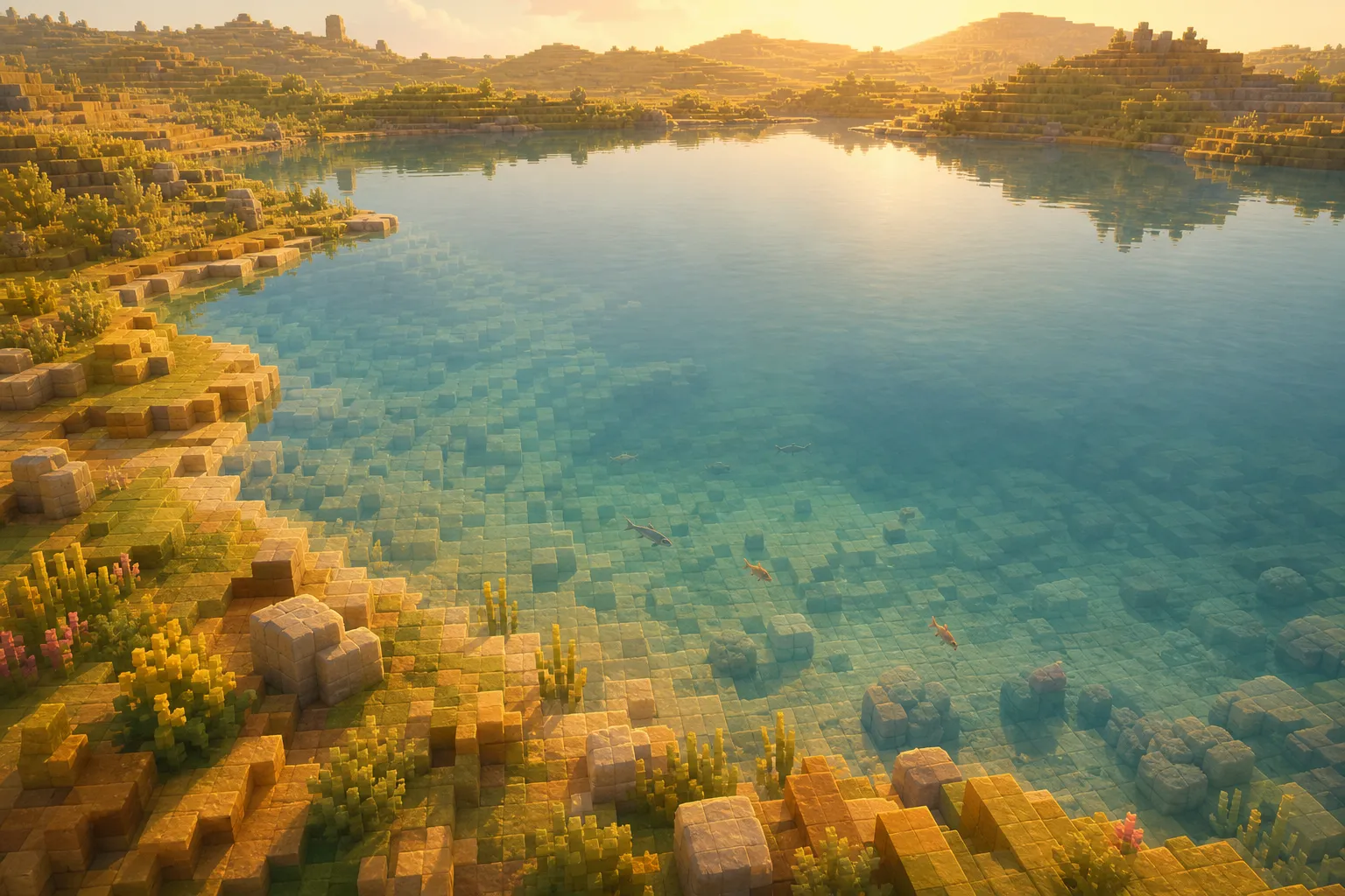 An aerial view of a voxel world at golden hour, a broad still lake filling most of the frame, its submerged floor and a few small fish visible through the clear, faintly tinted surface.