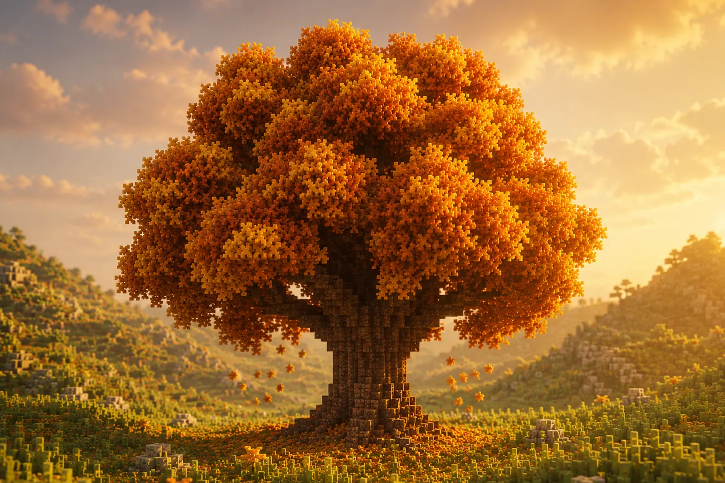 A single voxel oak in autumn, its rounded canopy turned amber and gold, a few leaves drifting down to the grass below in warm low light.