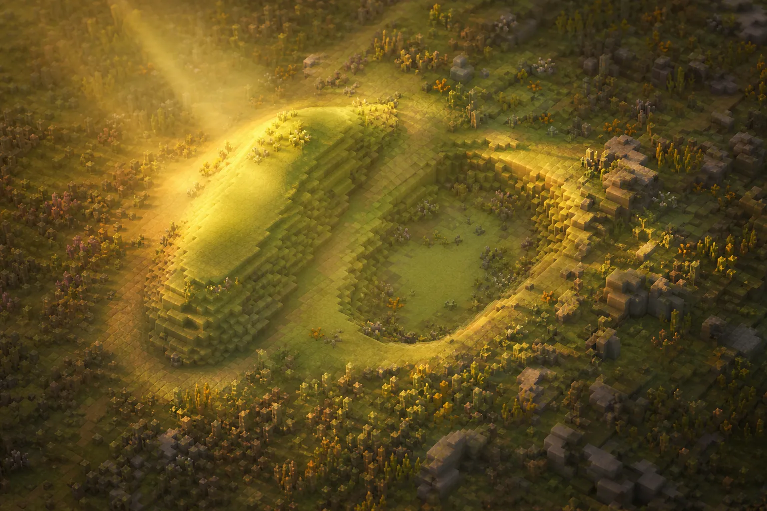 A soft voxel hillside at golden hour with a smooth raised ridge and a hollowed dip carved into one part of the slope, the rest left as wild untouched land.