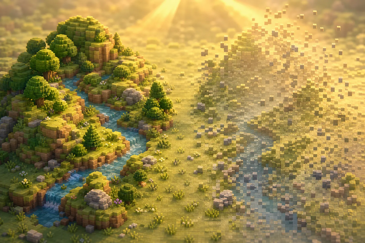A soft voxel valley at golden hour shown twice: once fully built with rounded hills and a river, and once dissolving away, with only low grass remaining.