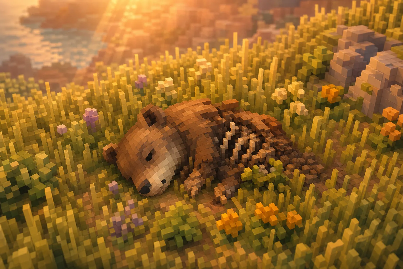 A small animal lying still in a sunlit meadow where it fell, resting in the tall grass and beginning to come apart.