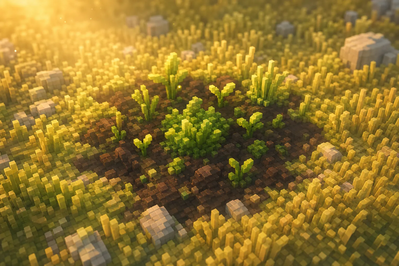 A small patch of darker, more fertile soil with fresh green growth springing up, ringed by the paler grass of the meadow around it.