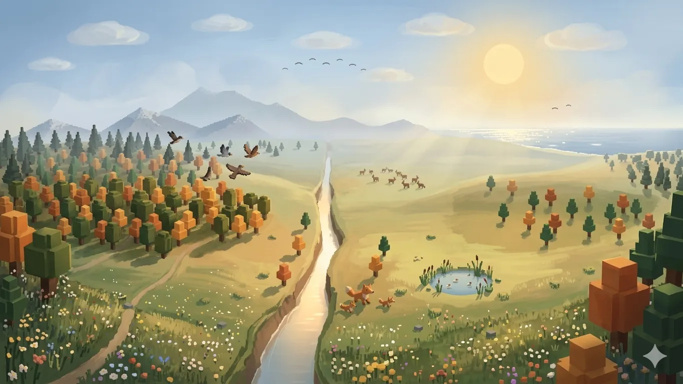 A winding river through wildflower meadows in warm low light, with foxes, deer, and a duck pond