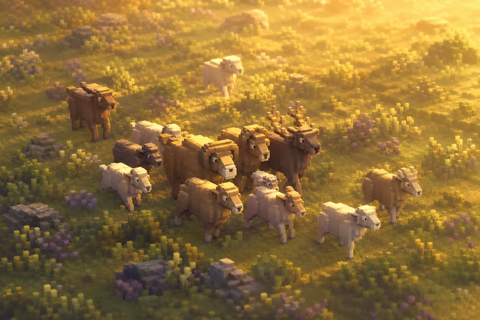 Aerial golden-hour view of soft voxel grazing animals on a green hillside moving together into a loose cluster.