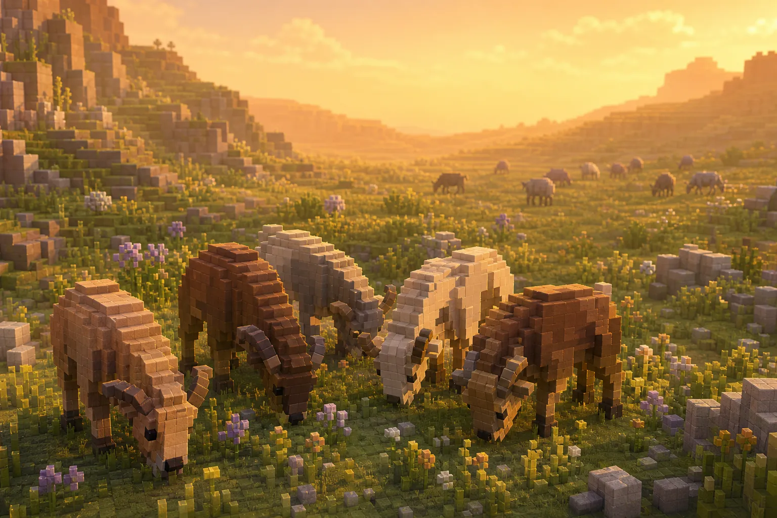 Wide aerial voxel valley at golden hour with a near cluster of grazing animals and a faint distant herd near the hazy horizon.
