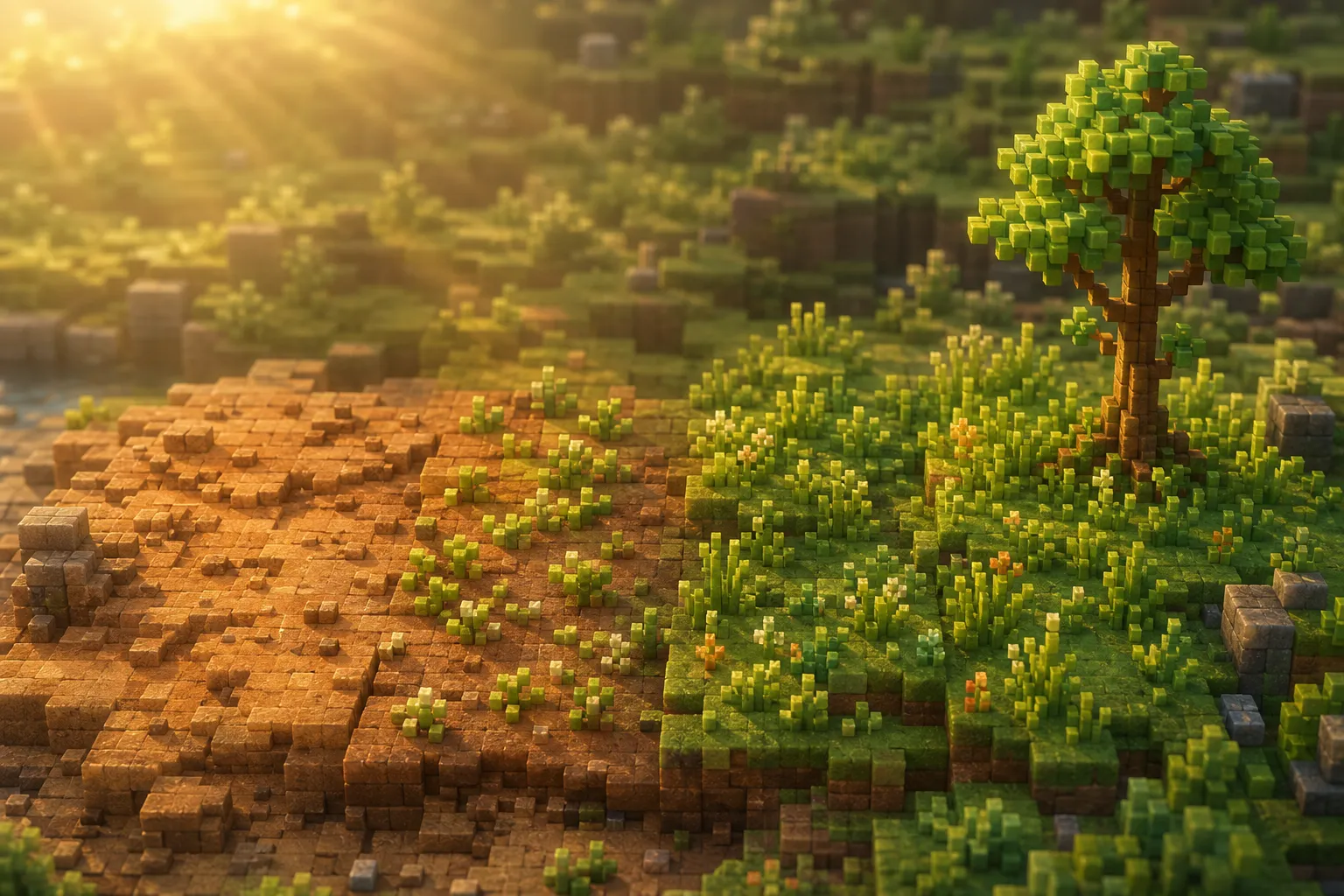 A golden-hour voxel landscape shown gaining layers of life across its width, from bare warm earth on one side to grass and a young tree taking hold on the other.