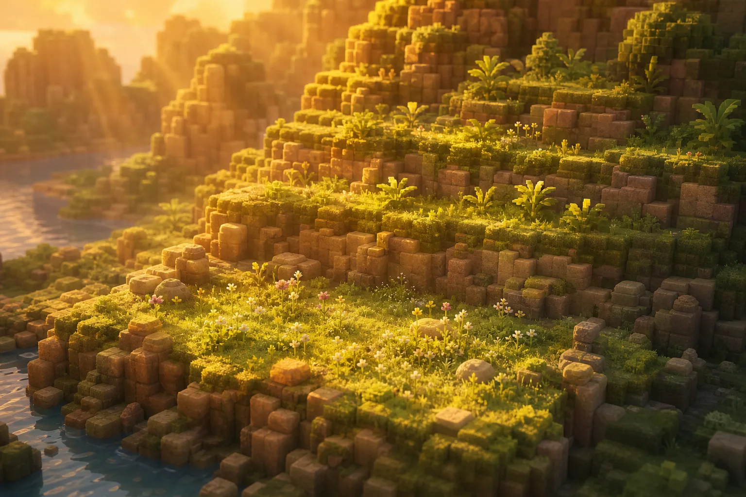 A gentle terraced rise of soft voxel ground at golden hour, each step greener than the last, with a small patch of meadow on the lowest step lit by warm light.