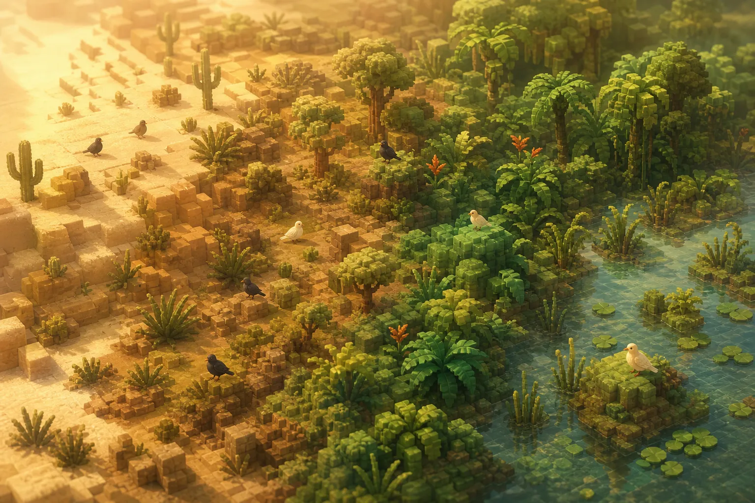 Aerial golden-hour view of a voxel world blending desert, scrubland, tropical forest, and wetland, with small scavenger birds resting across every region.