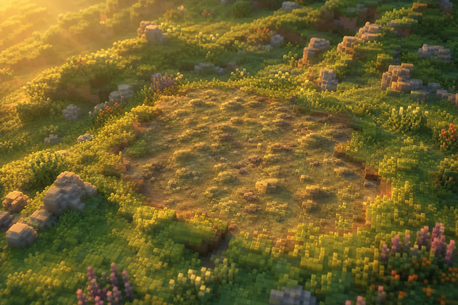 A soft voxel hillside at golden hour where one patch of ground has been roughened into small scattered bumps, standing out against the smoother wild slopes around it.
