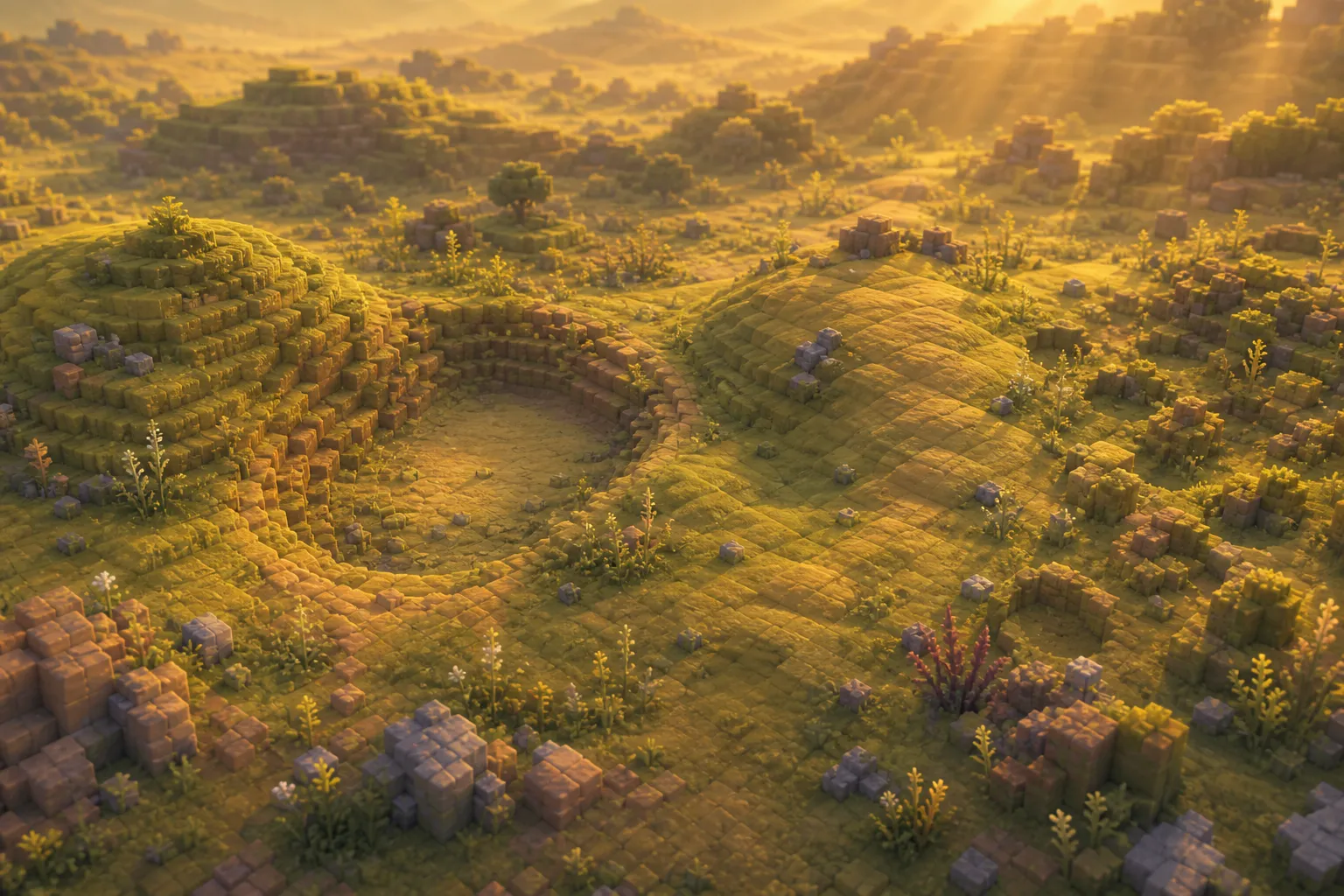 A golden-hour voxel landscape where one stretch of ground is worked four ways: a gentle rise, a sunken hollow, a smoothed slope, and a freshly roughened patch of natural bumps and dips.