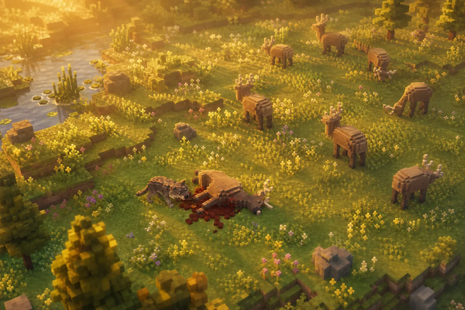 Aerial golden-hour view of a voxel meadow where a small ground hunter stands over a freshly downed grazing animal at the edge of a grazing herd, warm light shafts falling across the soft hills.
