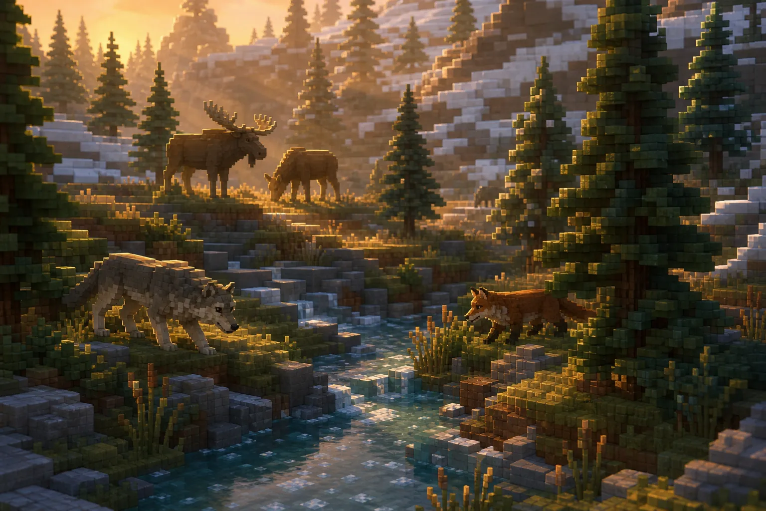 An aerial view of a snowy boreal valley at golden hour, dark conifers and a winding cold stream, with a few small wild animals scattered among the trees and along the bank.