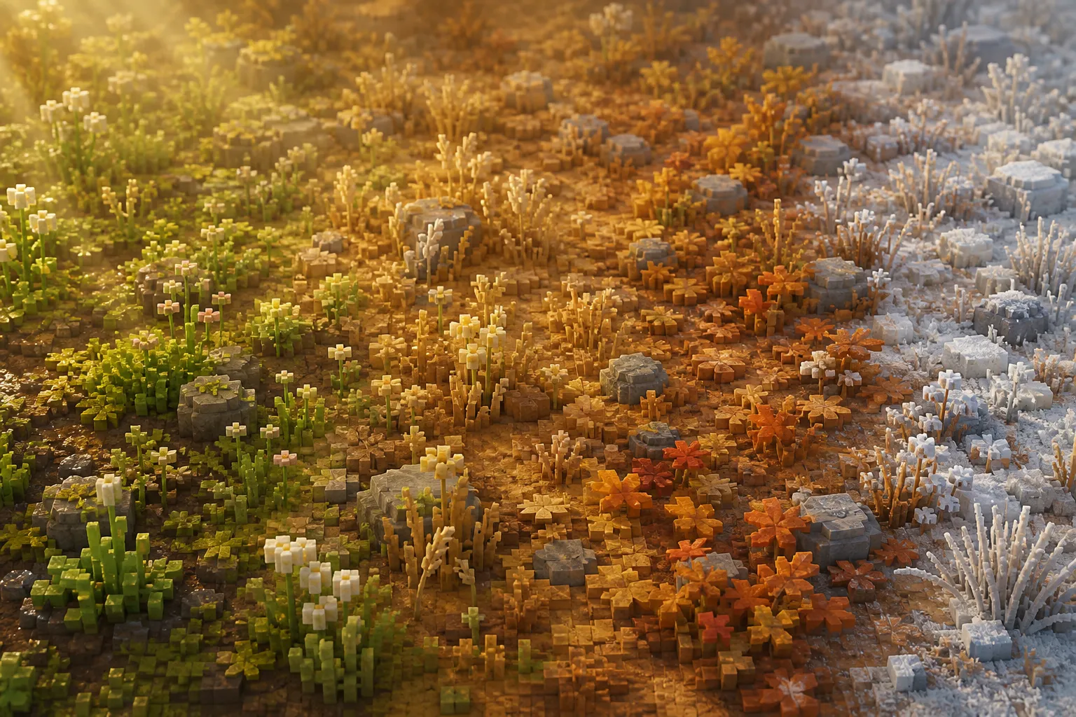 A single patch of voxel ground shown across four seasons: green and damp in spring, dried and warm in summer, ochre in autumn, and pale and frosted in winter, in a soft golden-hour palette.