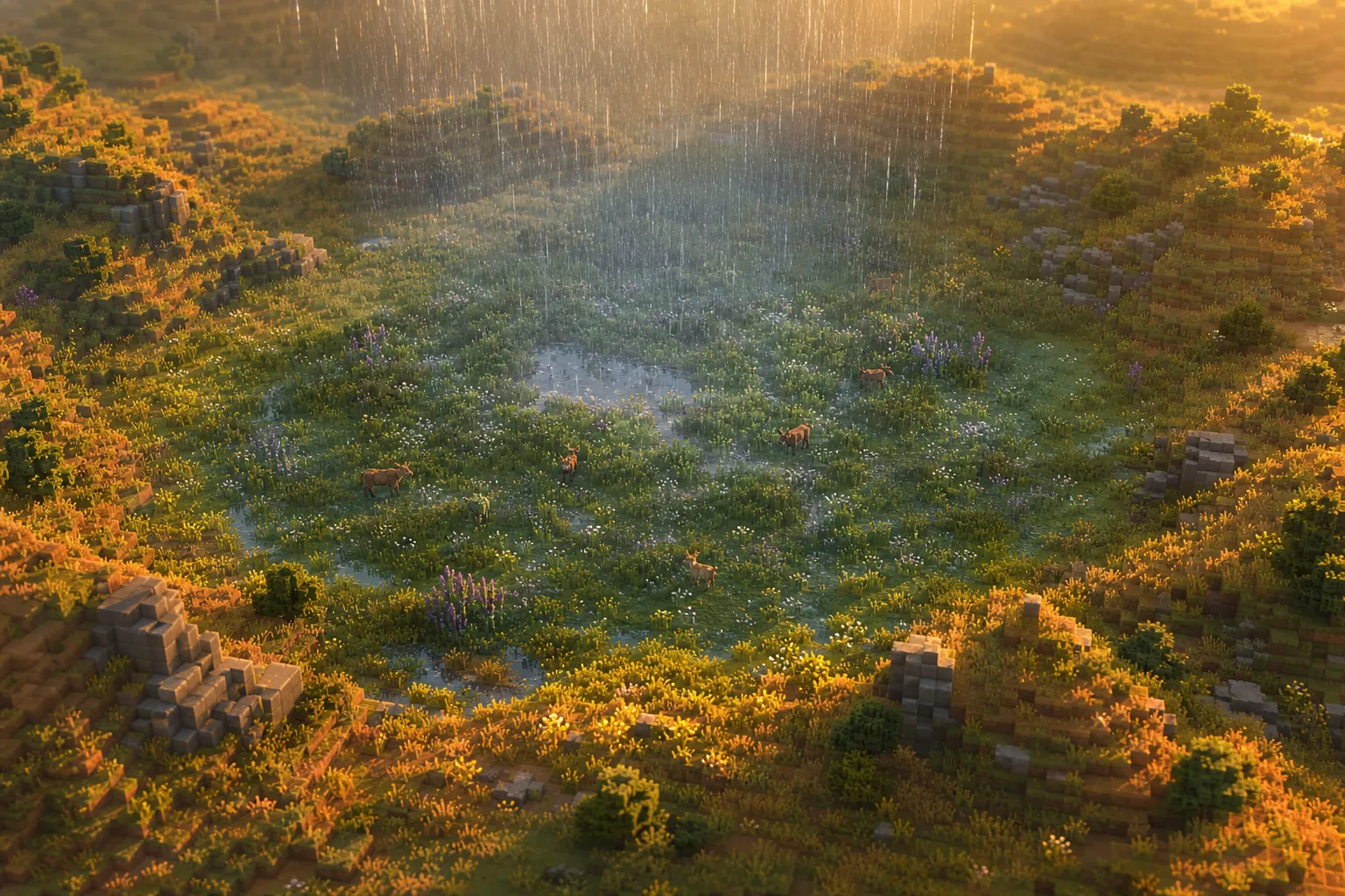 A circular fall of rain over one patch of golden-hour voxel meadow, dense at the centre and fading to dry, sunlit ground at its edges, with the rest of the land clear around it.
