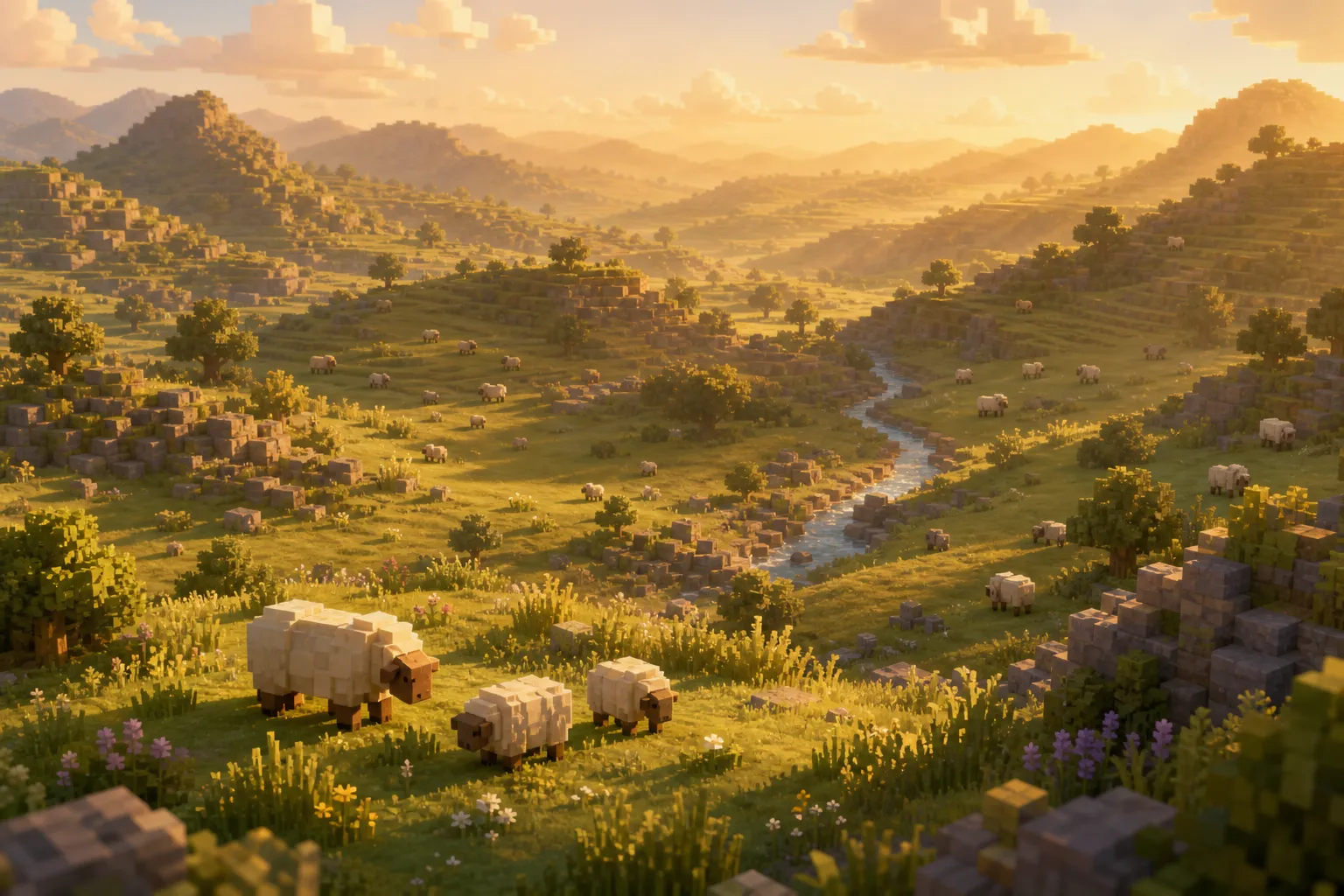 Aerial golden-hour view of a voxel valley with grazing creatures spread evenly from the foreground out to distant hazy hills, none crowding together.