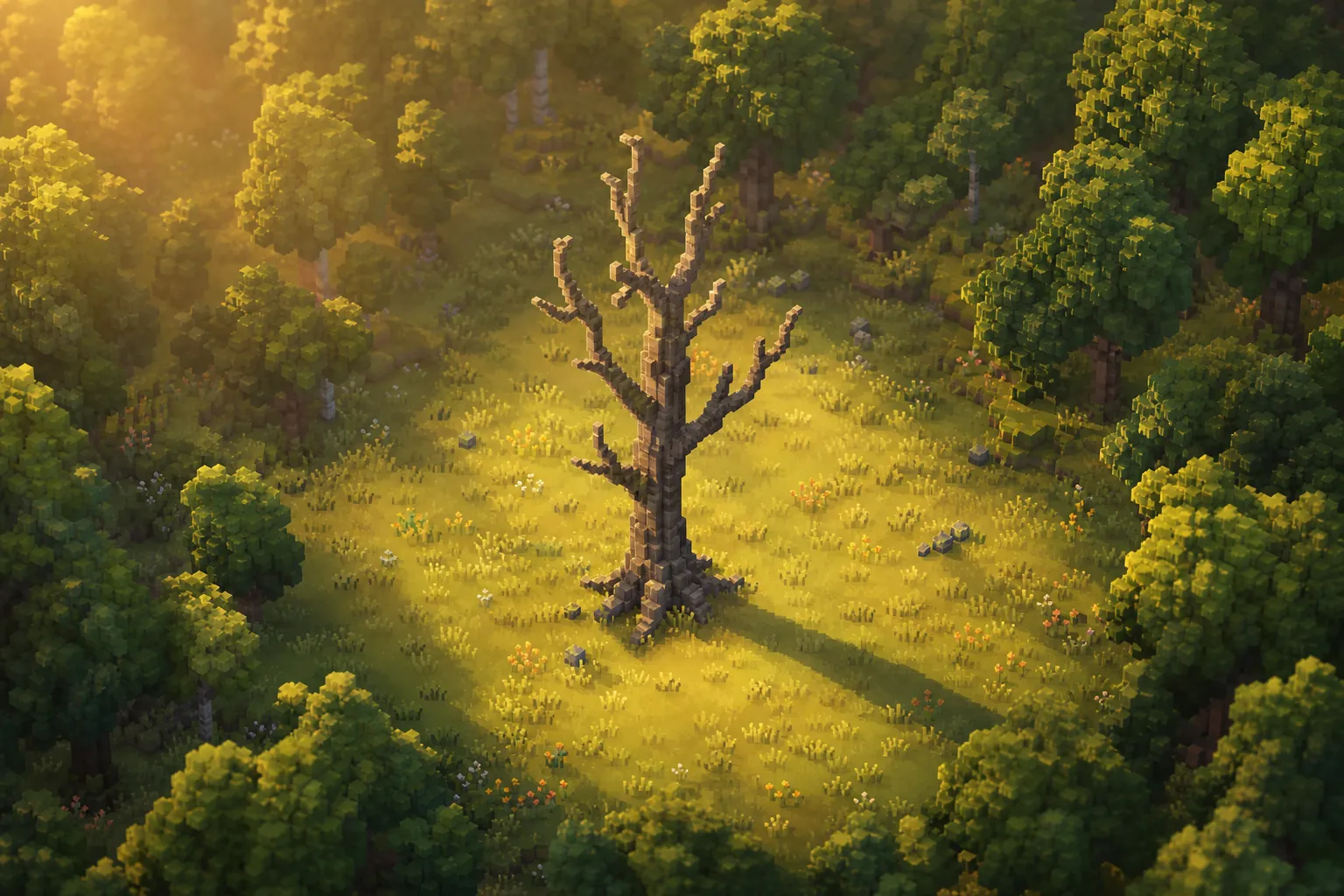 A single tall, bare, leafless dead voxel oak standing alone in a clearing of golden grass at golden hour, ringed by living leafy trees, casting a long soft shadow.