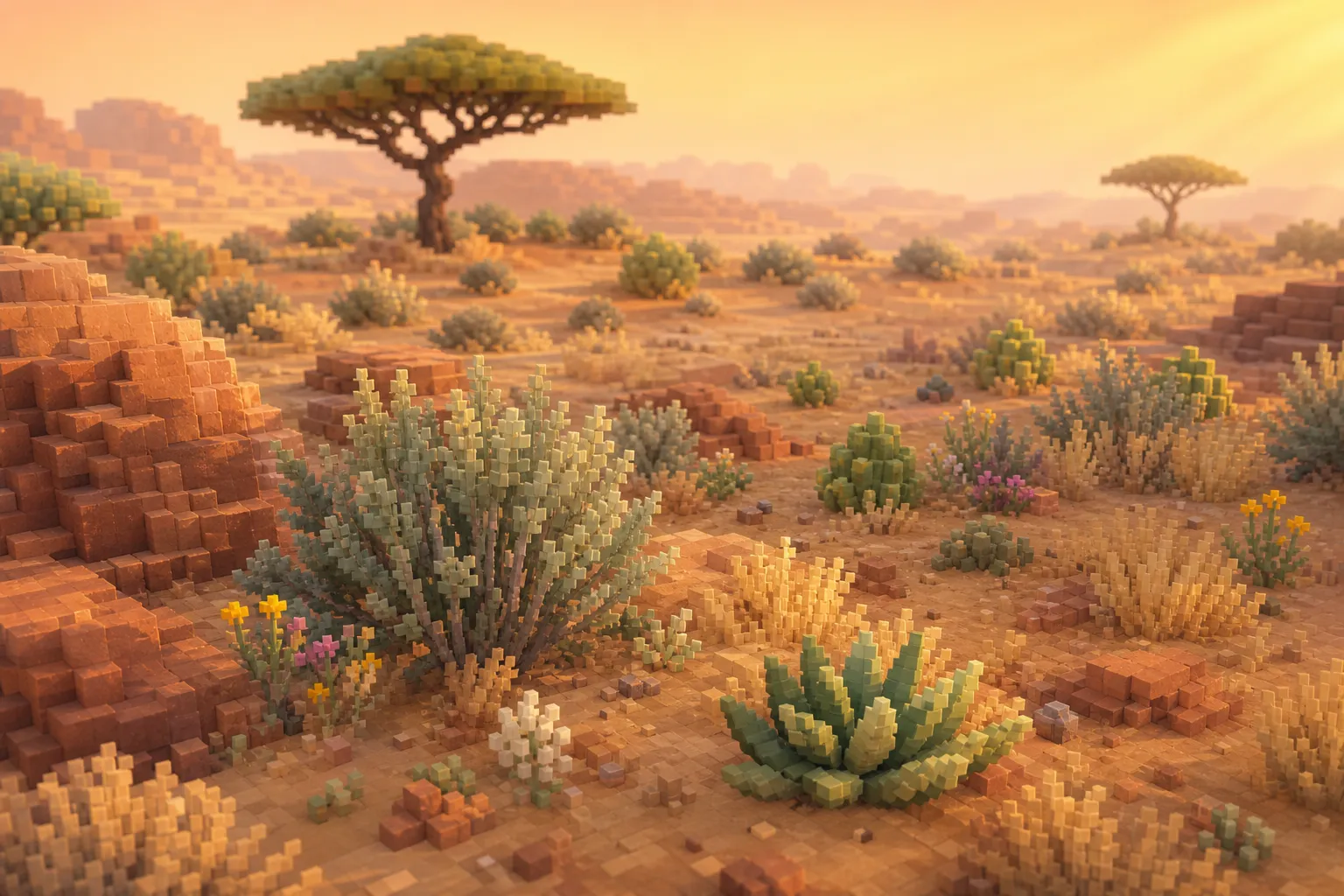Aerial golden-hour view of open voxel desert and scrubland: bare rock and dune with sparse dry bunchgrass, grey-green sagebrush, low succulents and wildflowers, and a couple of lone wide-spaced acacia-like trees over wide empty ground.