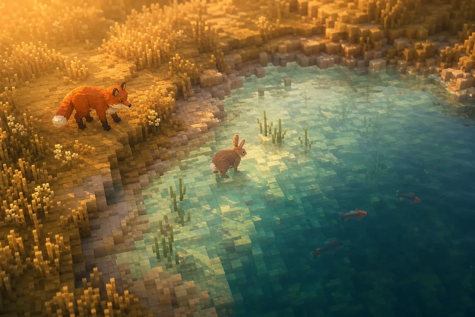 An aerial view of a soft voxel hollow at golden hour, a fox on the dry grassy rim, a rabbit standing ankle-deep in the bright shallows, and darker open water beyond.