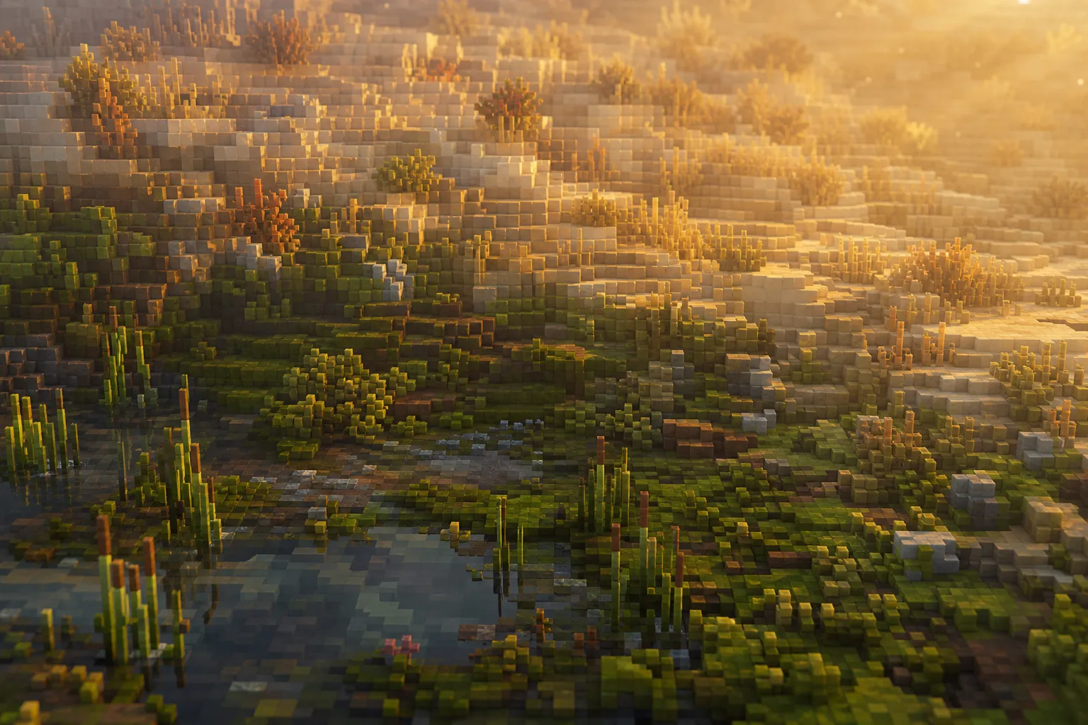 A voxel hillside at golden hour, a dark mossy hollow with a shallow pool and reeds at the bottom fading upslope into pale dry ground and sparse scrub.