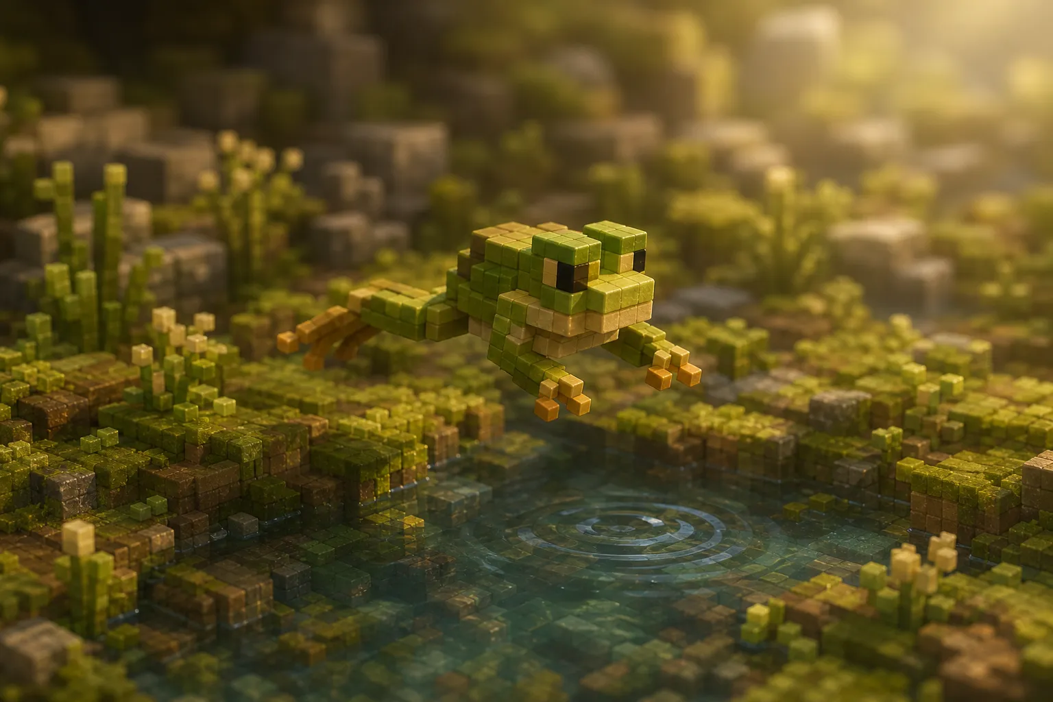 A squat voxel frog mid-hop above the mossy margin of a shallow pool in low golden light.