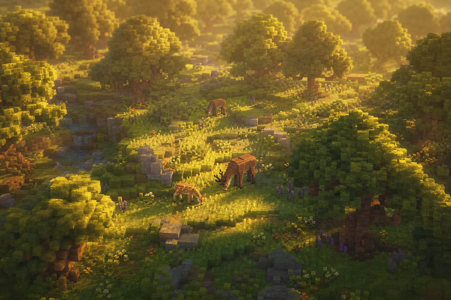 An aerial golden-hour view of a soft voxel woodland, tree canopies casting long dappled shadows across a grassy slope with a few animals grazing between them.
