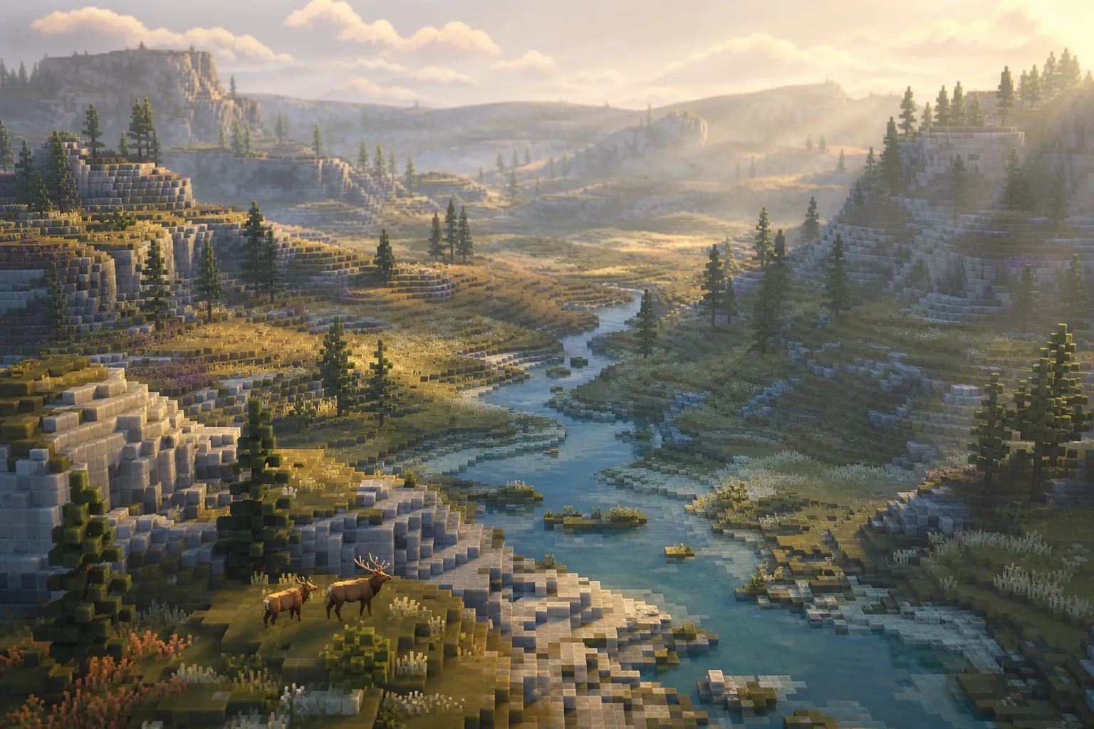 A wide aerial view of a mature voxel wilderness under low, cool, pale golden light, its forest sparse and its meadows thin.