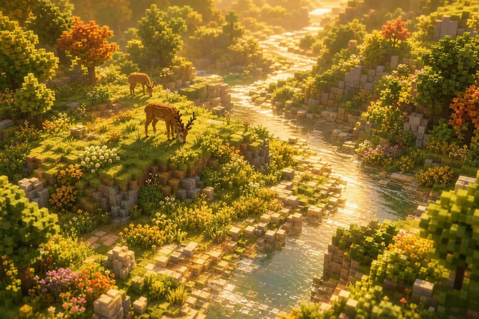 Aerial view of a soft voxel valley at golden-hour noon, warm sunlight falling from overhead onto rounded hills and a winding river.