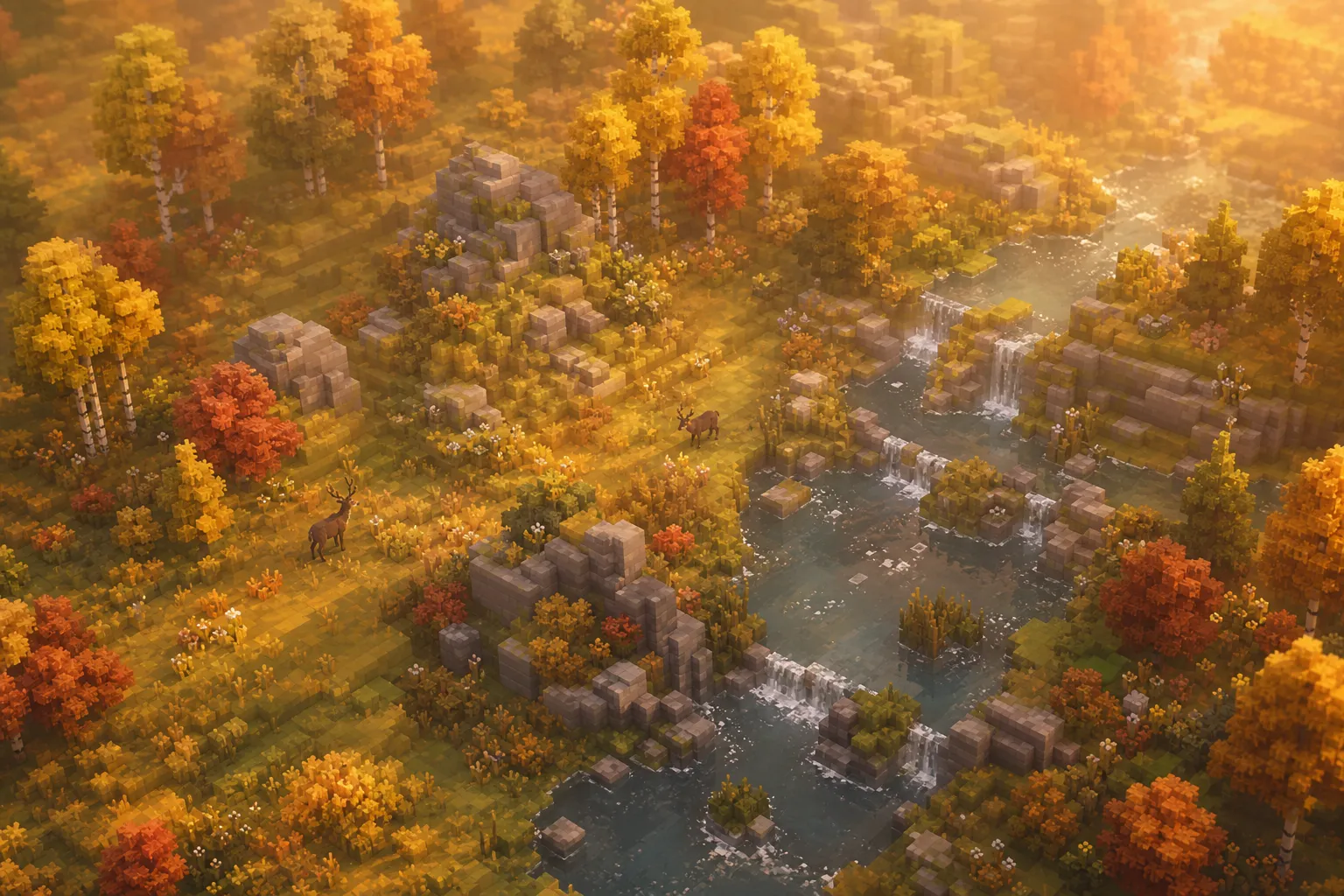 Aerial view of a soft voxel wilderness slope under a warm amber autumn light, gentle haze over rounded hills and trees.