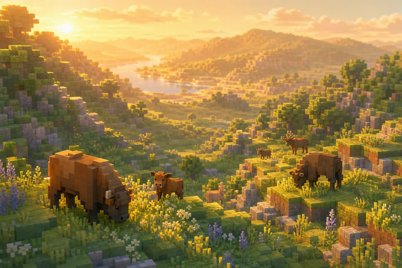 An aerial golden-hour view of a soft voxel valley, animals grazing on the near hills and the far country rolling away into warm haze.