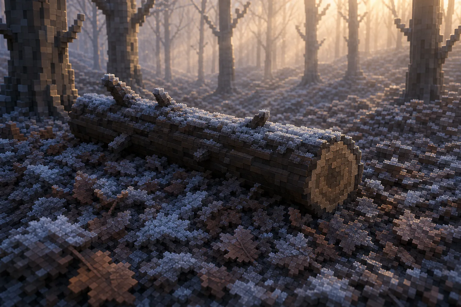 Frost lying over dark leaf litter and an unrotted fallen log on a voxel forest floor in thin winter light.