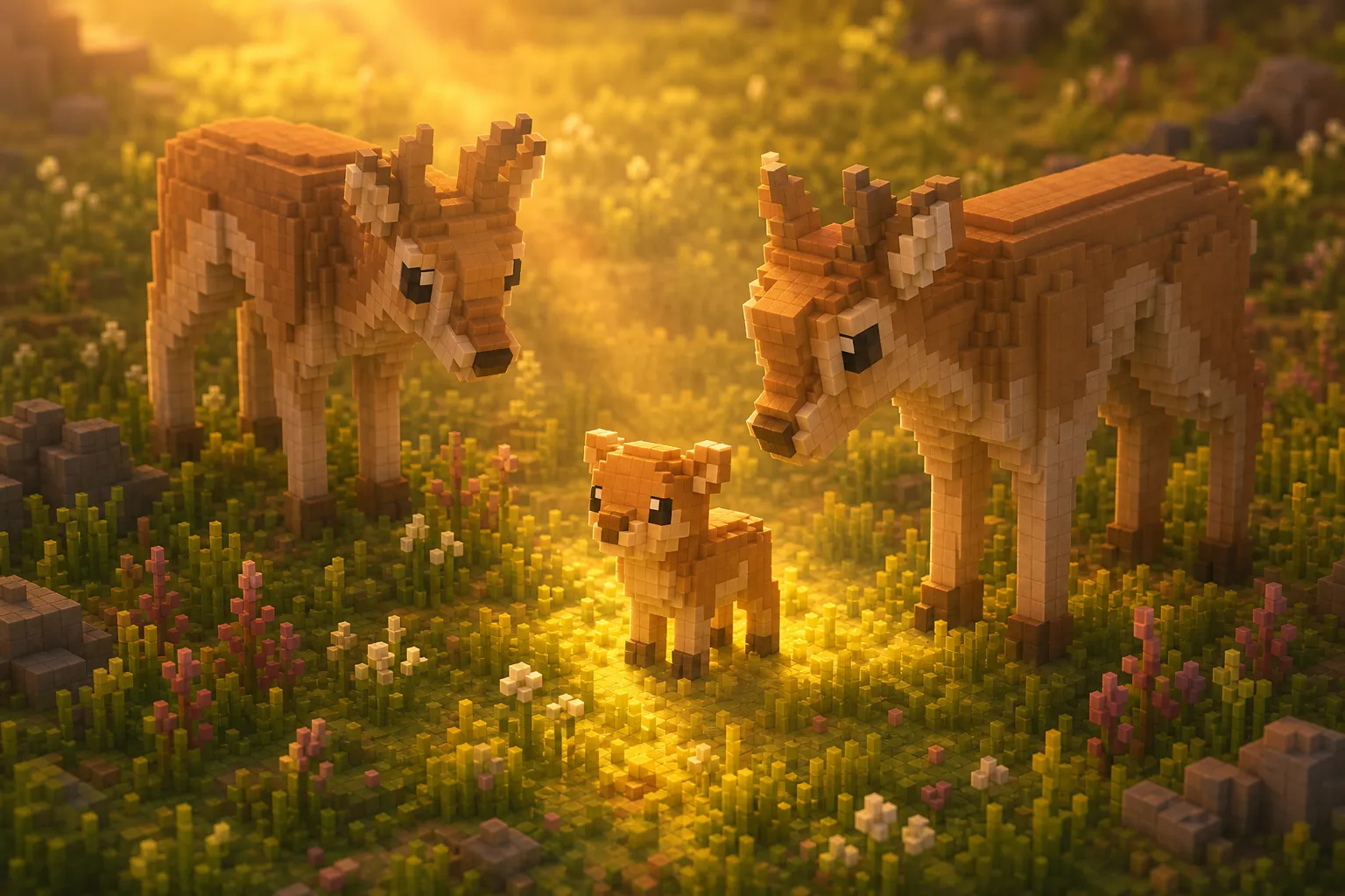 A small voxel juvenile creature in golden-hour grass beside two much larger adults of the same kind, lit by a soft warm shaft of light.