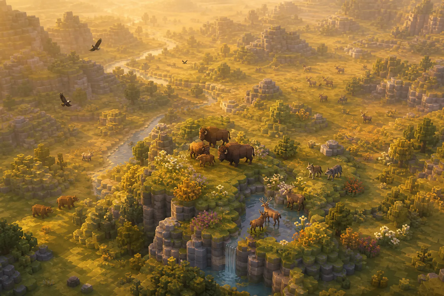 Aerial view of a voxel valley at golden hour, with animal clusters gathered together in some patches and scattered thin across the rest of the land.