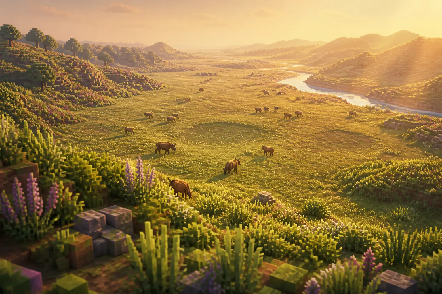 A golden-hour voxel valley where a herd of animals grazes near the distant horizon, with a few conspicuously empty patches of grass among them.