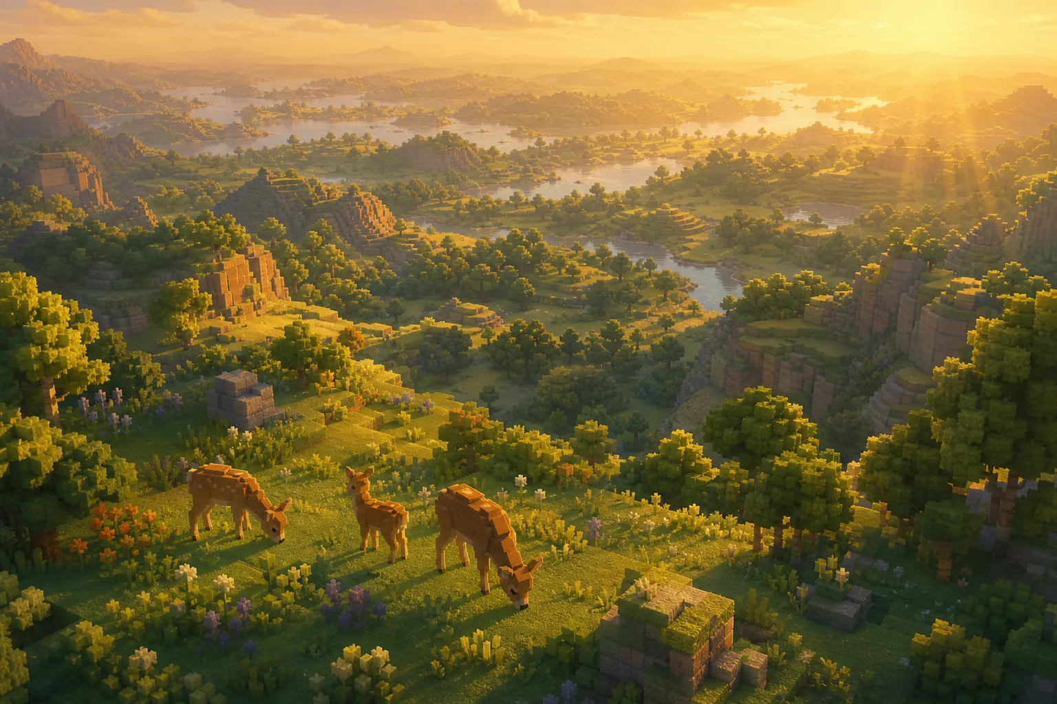 A wide aerial view of a warm, hazy voxel wilderness stretching far into the distance, with grazing animals on the near hills.